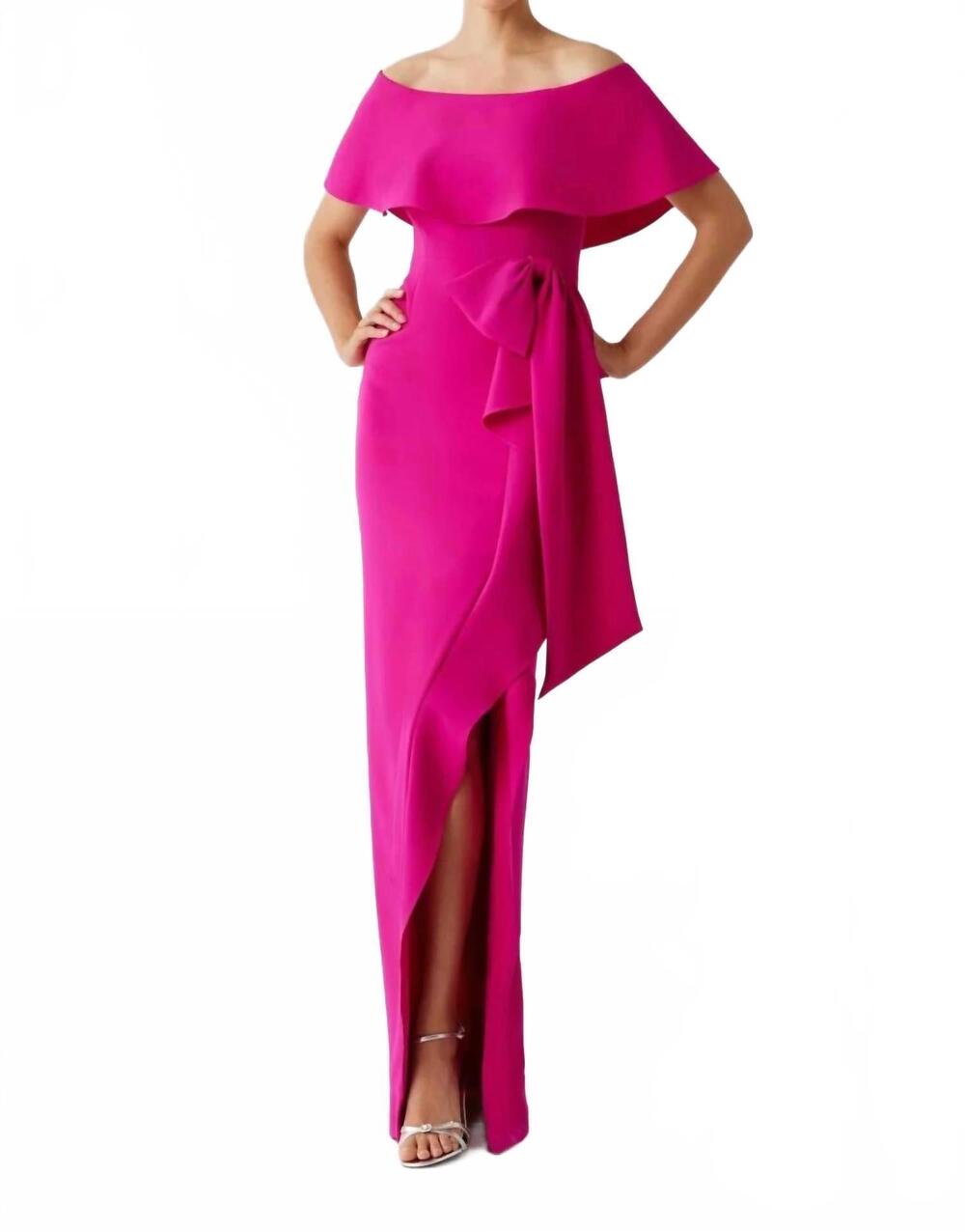 NEW TERI JON crepe off the shoulder flounce with bow trim gown in pink